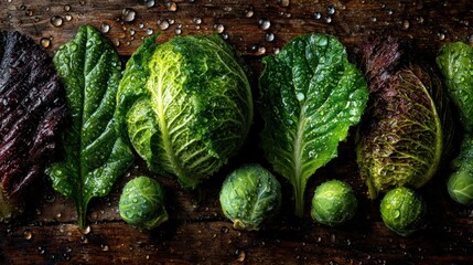 A Vibrant Display of Fresh Leafy Vegetables with Raindrops Capturing the Essence of Nature's Bounty on a Rustic Wooden Surface