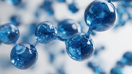 Molecule in Blue: An eye-level close-up of a beautifully rendered molecule, capturing the delicate balance of connections, evoking a sense of order and precision within the micro world.
