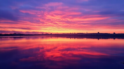 Naklejka premium Vibrant sunrise reflecting on calm water. City skyline silhouettes