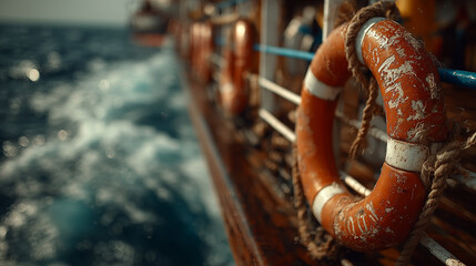 Vintage style photo of life preserver attached to the cruise shi 