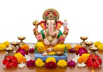 Fototapeta premium Lord Ganesha Idol with Flowers and Diyas for Ganesh Chaturthi Celebration