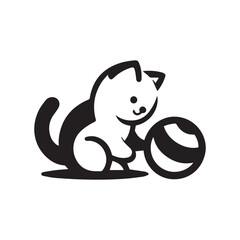 Silhouette of a cute cat playing ball on a white background
