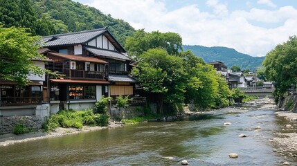 Fototapeta premium Quaint Japanese riverside town with traditional houses nestled beside a flowing stream. Lush greenery surrounds the scene