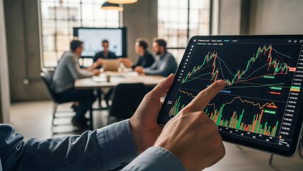Hand pointing at cryptocurrency chart on tablet during team meeting in coworking space, representing collaboration, financial analysis, and modern digital finance strategy.