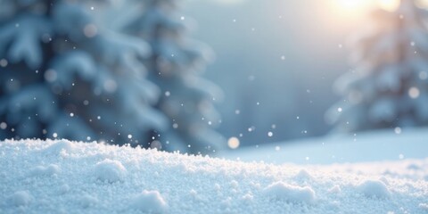 Serene Winter Landscape Softly Falling Snow on a Pristine Snowdrift with Blurred Evergreens in the Background