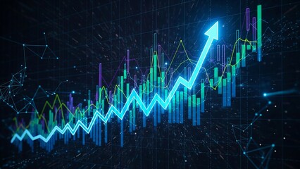 Cryptocurrency trading graph with glowing upward trend arrow on futuristic fintech background, symbolizing growth, success, and the rise of digital investment economy.