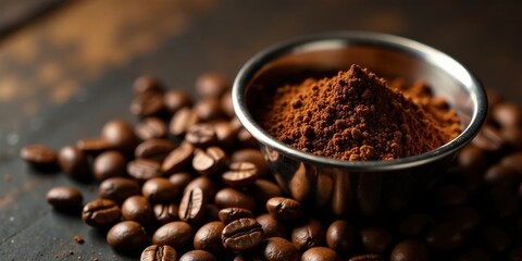 Fototapeta premium Aromatic Ground Coffee Beans and Finely Ground Powder in a Metal Bowl