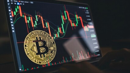 Top view of laptop with Bitcoin candlestick charts on dark background, digital trading concept representing market analysis, investment strategy, and financial technology.
