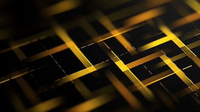 Abstract futuristic digital circuit board with yellow and gold geometric lines on black background, for tech presentation, corporate data visualization cover.