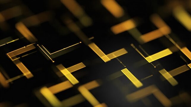 Abstract futuristic digital circuit board with yellow and gold geometric lines on black background, for tech presentation, corporate data visualization cover.