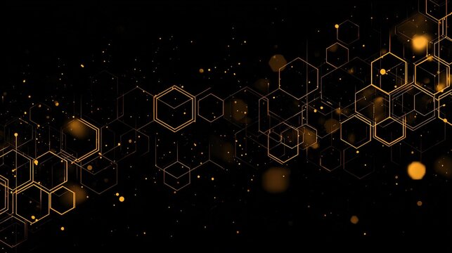 Abstract futuristic digital circuit board with yellow and gold geometric lines on black background, for tech presentation, corporate data visualization cover.