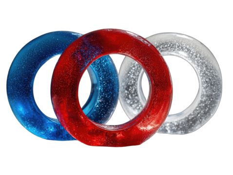 Three interlocking rings, red, blue, and clear, with a speckled texture