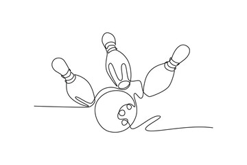 Single continuous line drawing bowling ball hitting or impacts multiple pins. Hobby, sports theme, focusing on the explosive action of strike. Dynamic one line draw graphic design vector illustration