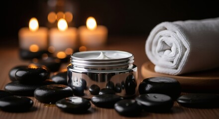 Spa and wellness scene with a jar of cream, hot stones, and candles for relaxation and skincare