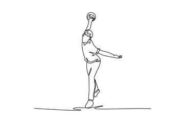 Single one line drawing male bowler athlete with the ball held high in backswing. Symbolizing athletic poise, fitness, and fluid motion. Modern continuous line draw design graphic vector illustration
