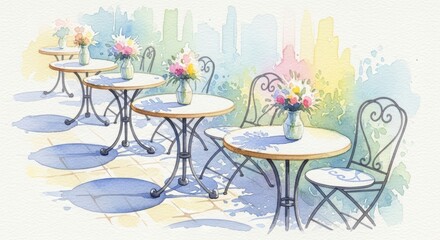 Obraz premium Dreamy Watercolor Painting of European Café Terrace with Tables, Chairs, Flowers, Pastel Palette, Gentle Shadows, and Airy Impressionist Style