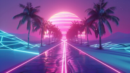 Fototapeta premium A neon-lit road leading to the horizon, flanked by palm trees on both sides 