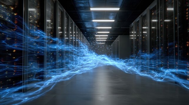 Data Center: A futuristic data center corridor, pulsating with the energy of information and cutting-edge technology. Rows of servers hum with activity.