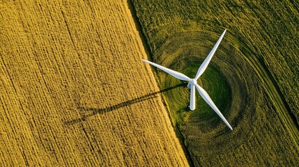 Aerial view of a wind turbine in a field