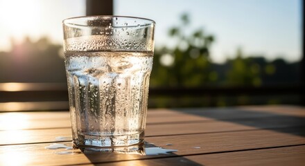 Refreshing Glass of Water with Condensation on Wooden Table at Sunset