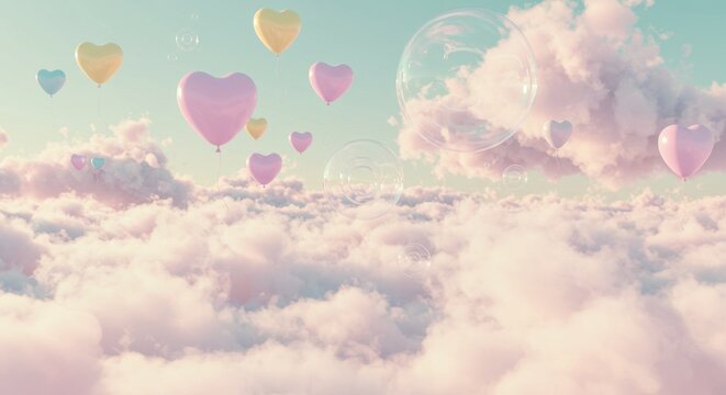 Dreamy cloudscape filled with pastel heart balloons and floating bubbles against a soft blue sky