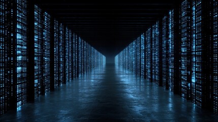 Digital Network Server Room: a modern data center hallway bathed in cool blue light, showcasing a cutting-edge technology infrastructure, and a glimpse into the world of information and data.