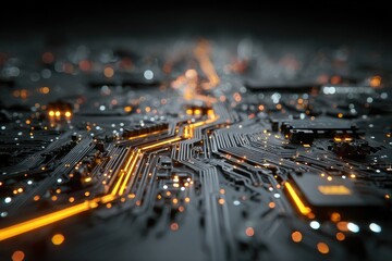 Circuit board technology, glowing pathways, city lights background, future innovation