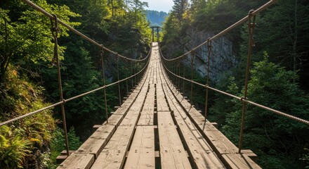 Fototapeta premium Suspension bridge over forested ravine, leading to distant tower structure