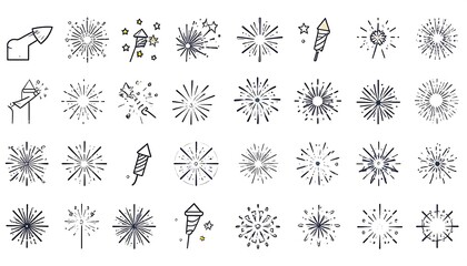 Collection of firework icons.  Simple line art designs
