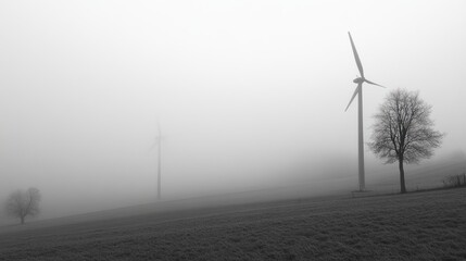 Foggy landscape with wind turbines (1)