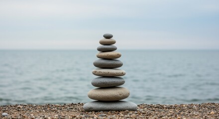 Stacked pebbles form a pyramid on a pebbled beach against a blurred ocean background
