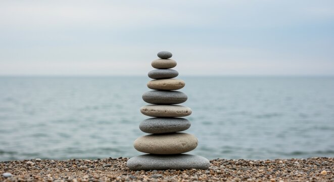 Stacked pebbles form a pyramid on a pebbled beach against a blurred ocean background