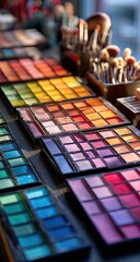 Vibrant eyeshadow palettes and makeup brushes arranged on a table