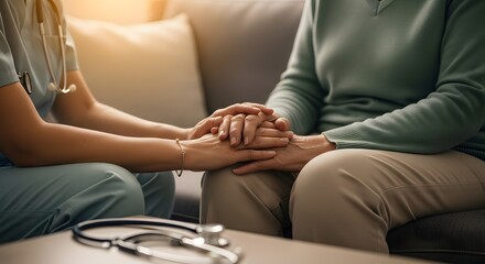 Parkinson's disease patient, Arthritis hand, gout knee pain, or mental health care with geriatric doctor consulting examining comforting elderly senior aged adult in medical exam clinic or hospital