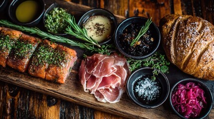 Gourmet charcuterie board with salmon, prosciutto, sauces, and bread