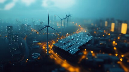 Cityscape at night, illuminated by wind turbines and solar panels