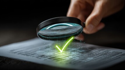 Focus and Validation: A hand expertly uses a magnifying glass, bringing into sharp focus and validating the subject matter, highlighting the importance of scrutiny and approval. 