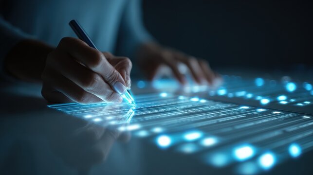 Digital Signature: A close-up shot highlights the seamless process of signing a digital document, where a glowing pen transforms into a modern symbol of agreement, efficiency, and data protection.