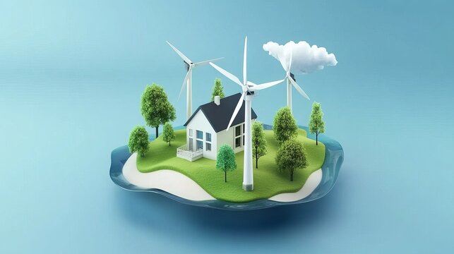 Miniature island home with wind turbines, trees, and grass, on a teal-blue background
