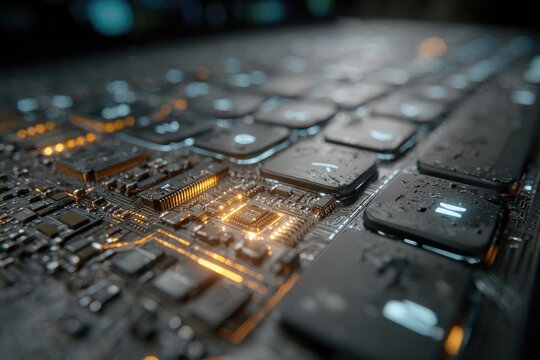 Close-up of illuminated circuit board on laptop keyboard