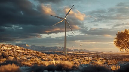 Wind turbines stand tall in a vast, arid landscape at sunset, dramatic clouds overhead