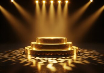 Golden podium with spotlights shining down on it, perfect for showcasing products or celebrating achievements on stage