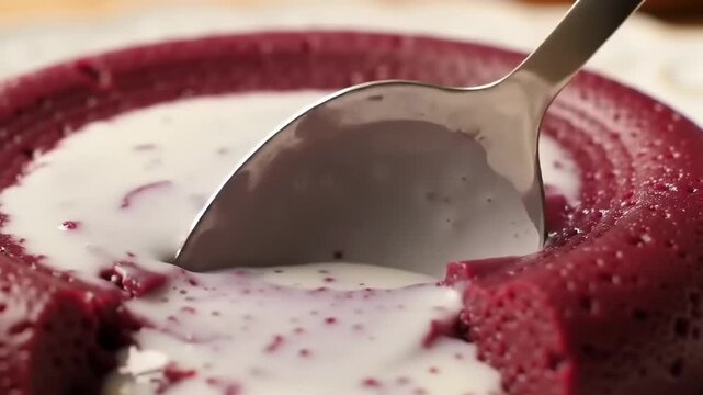 Close-up of red dessert with white sauce