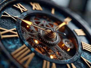 Close-up antique clock mechanism, gears, Roman numerals, interior design background