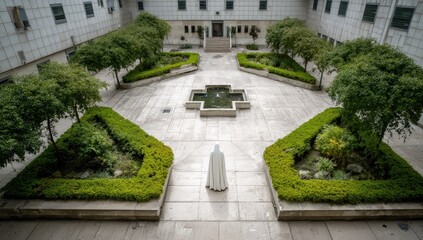 Serene courtyard garden with central fountain and cloaked figure