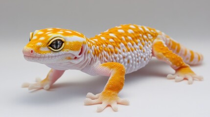 Leopard gecko, its spotted skin like a mosaic of desert stones, gentle smile, warm terrarium light. 