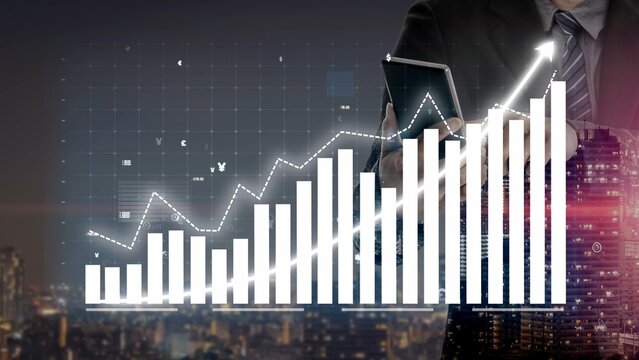 A businessman stands in an urban landscape at night, analyzing growth trends displayed on a tablet, featuring bar and line graphs that represent success and progress. Copula