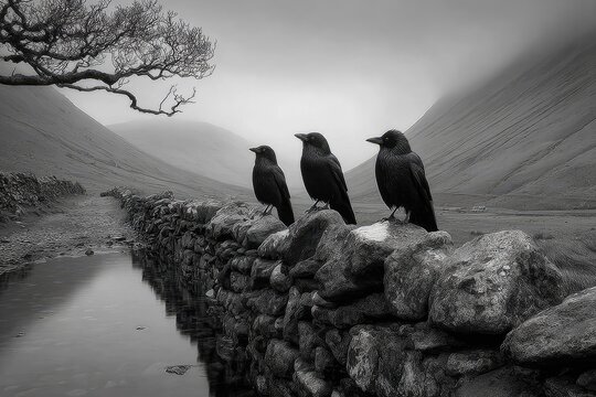 Three crows perched on a low stone wall in a misty valley