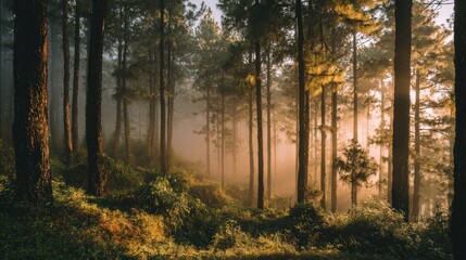 Forest Symphony: Sunlit trees cast shadows in a tranquil forest, invoking a sense of peace, inviting viewers into a scene of serenity and natural beauty. 