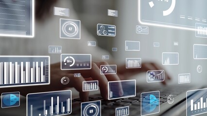 An engaging scene illustrating data analysis in action, featuring various graphs and charts on a translucent surface while a person types on a laptop, emphasizing productivity and technology. Xenic
